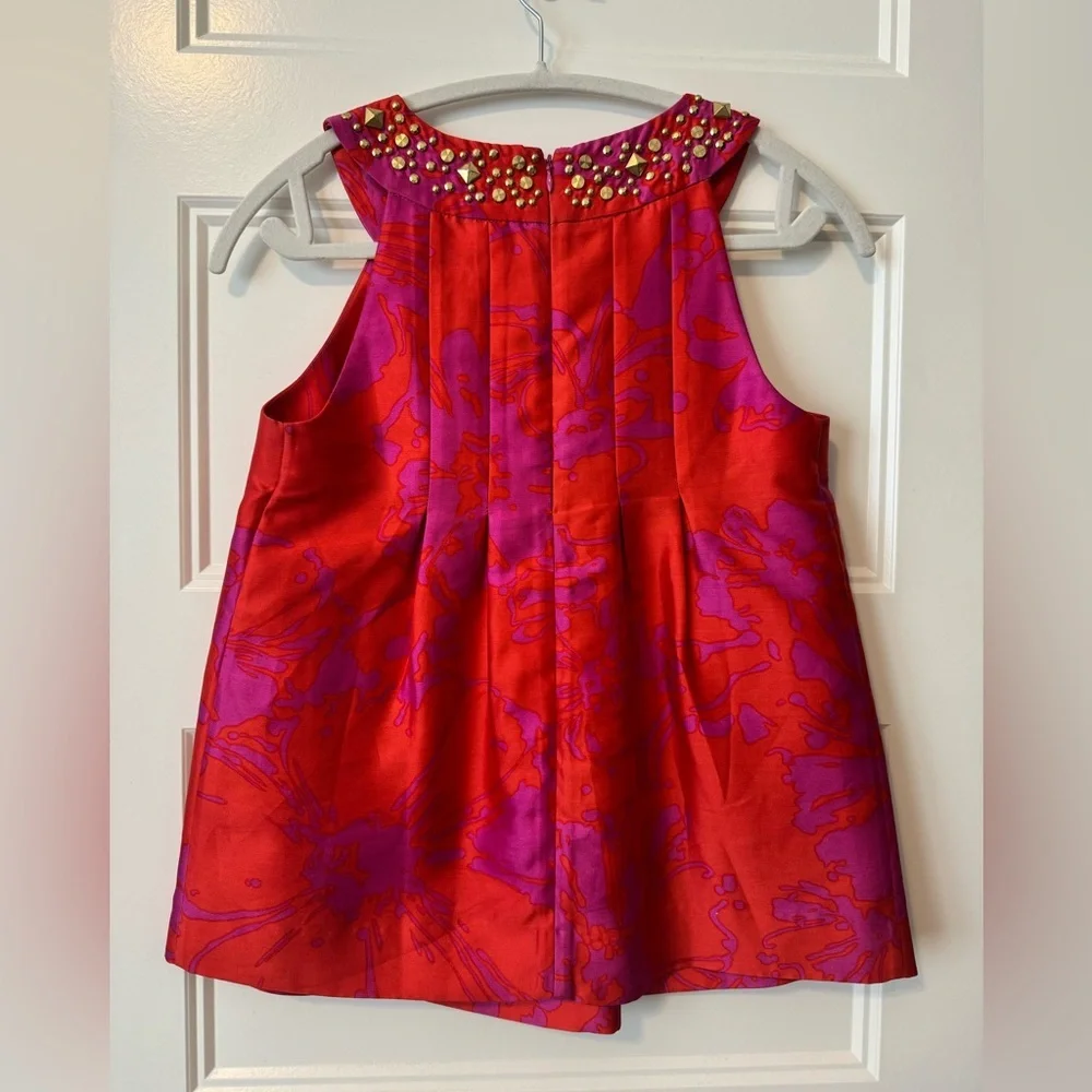 Kate Spade Silk Embellished Neck Top XS Pink Magenta Floral Studded Blouse